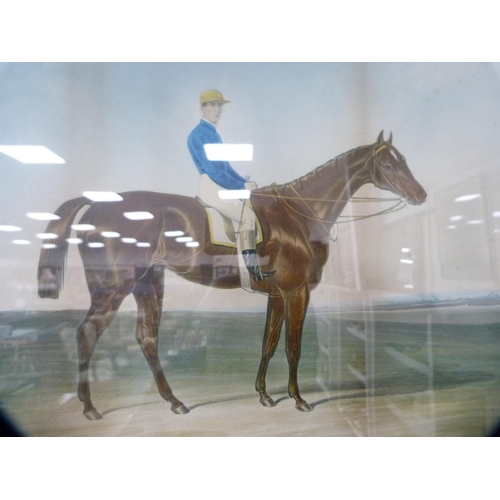 182 - Victorian print of a horse and jockey, 'Favonius', in an ebonised frame.