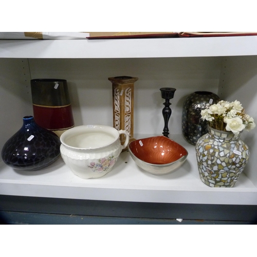 194 - Vases, candlestick, bowl, wooden candlestick and a chamber pot (one shelf).