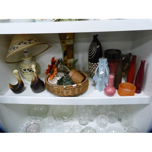 197 - Contemporary vases, figure of a gnome, plant pot, table lamp, candle etc (one shelf).