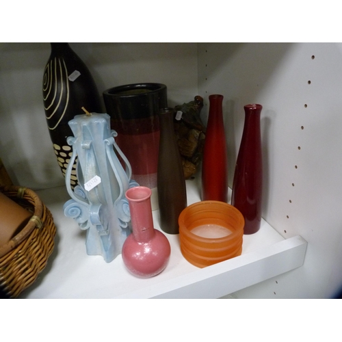 197 - Contemporary vases, figure of a gnome, plant pot, table lamp, candle etc (one shelf).