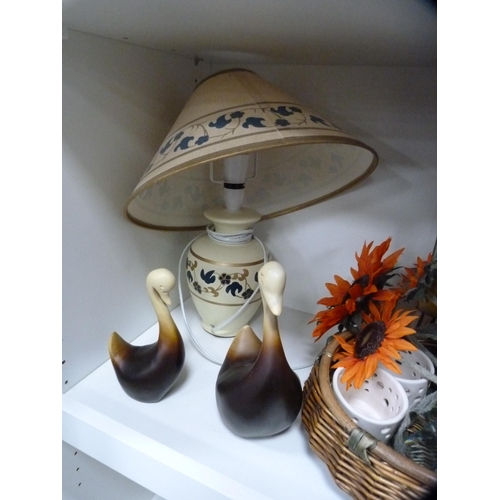 197 - Contemporary vases, figure of a gnome, plant pot, table lamp, candle etc (one shelf).