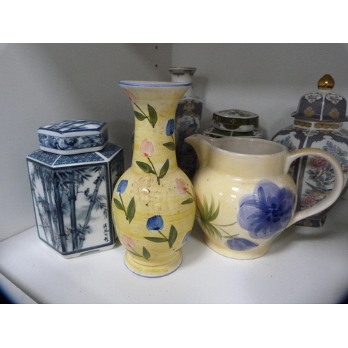 205 - Assorted vases and covers, ginger jars, glass vase etc (one shelf).