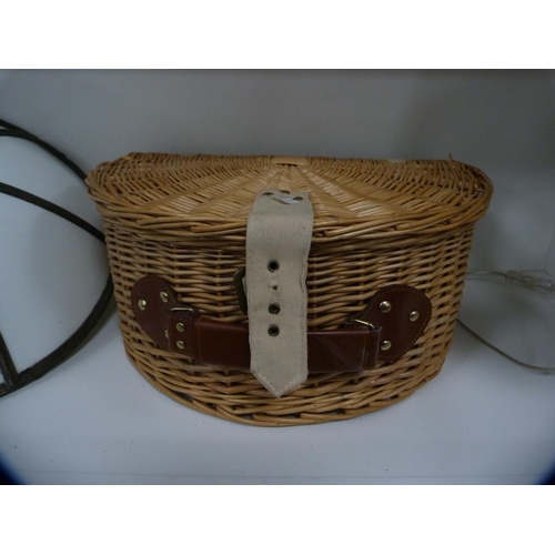 207 - Oak and metal-bound tantalus case, wicker picnic box, metal and opaque light shade, waste paper bin ... 