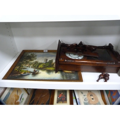 208 - Modern wall clock and a picture signed Mary Smith depicting boats on a canal, signed and dated 1954.... 