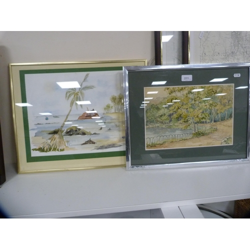 211 - Dina SpicoeBeach sceneWatercolour, and another by D Claughton of a park scene.  (2)... 