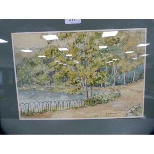 211 - Dina SpicoeBeach sceneWatercolour, and another by D Claughton of a park scene.  (2)... 