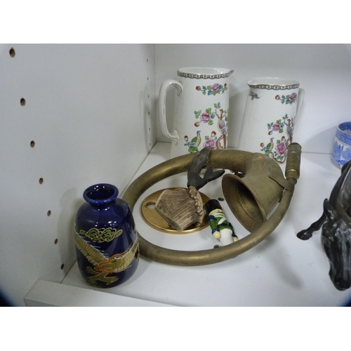 212 - Glazed figure of a horse, brass car horn, two Allerton's graduated jugs, part 'Willow' pattern tea s... 