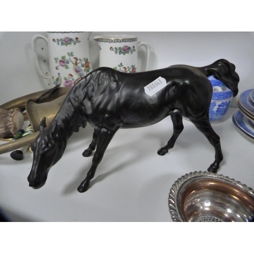 212 - Glazed figure of a horse, brass car horn, two Allerton's graduated jugs, part 'Willow' pattern tea s... 