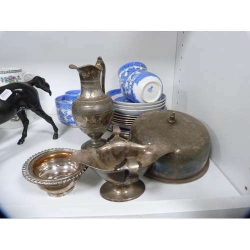 212 - Glazed figure of a horse, brass car horn, two Allerton's graduated jugs, part 'Willow' pattern tea s... 