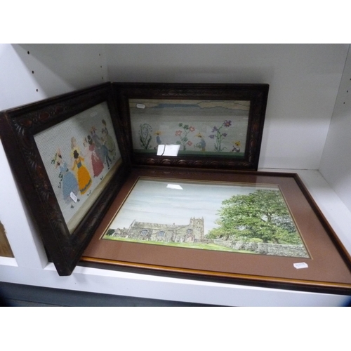 214 - Pair of framed needlepoint embroideries and a watercolour of a church scene.  (3)