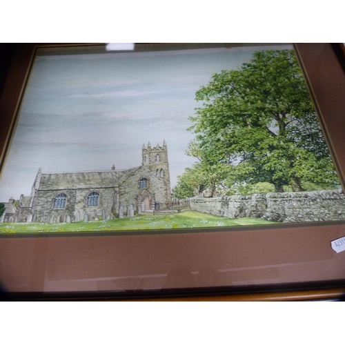 214 - Pair of framed needlepoint embroideries and a watercolour of a church scene.  (3)