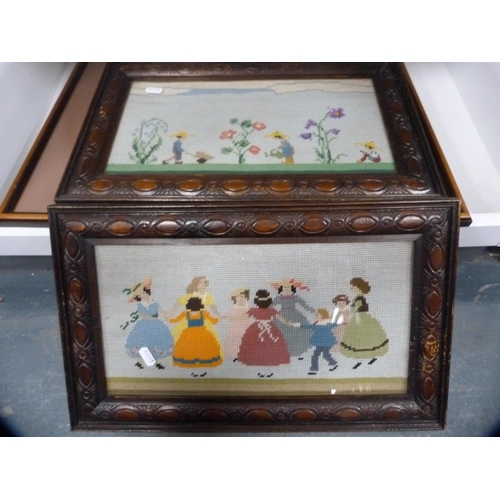 214 - Pair of framed needlepoint embroideries and a watercolour of a church scene.  (3)