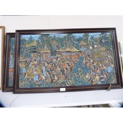 215 - Pair of modern Indian-style canvasses, both depicting figures in marketplace.