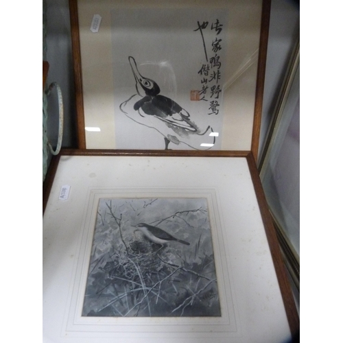 216 - Chinese pen and ink of a bird, Cavalier print, still life, two pencil signed prints of Clifton Colle... 