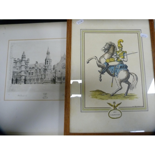 216 - Chinese pen and ink of a bird, Cavalier print, still life, two pencil signed prints of Clifton Colle... 