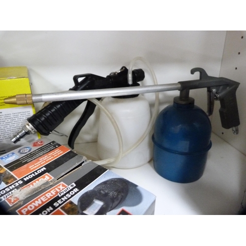 223 - Tools to include Parkside electric nailer/stapler, Powerfix motion sensors, sprayer, glass fibre kit... 