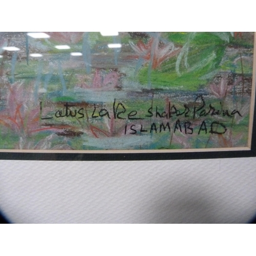 226 - Javed BaluchEastern figuresModern mixed media, and by the same hand, 'Lotus Lake, Islamabad'.  (2)... 