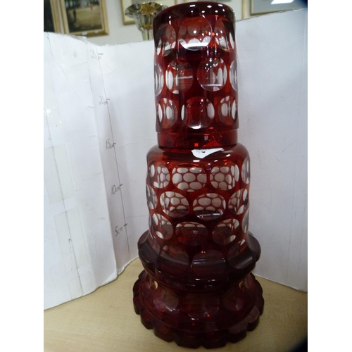 228 - Cranberry glass bell ornament and another, opaque glass, Bohemian-style ruby glass decanter on stand... 