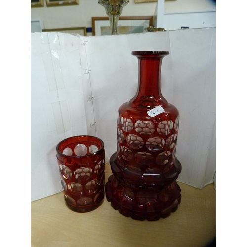 228 - Cranberry glass bell ornament and another, opaque glass, Bohemian-style ruby glass decanter on stand... 