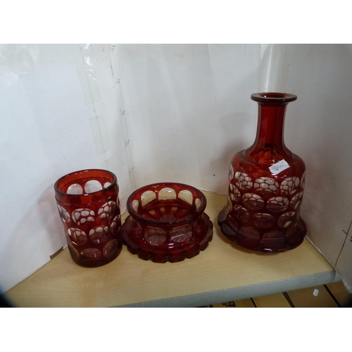 228 - Cranberry glass bell ornament and another, opaque glass, Bohemian-style ruby glass decanter on stand... 