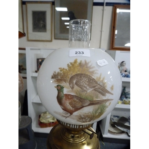 233 - Brass-coated oil lamp with later opaque glass shade decorated with pheasants.