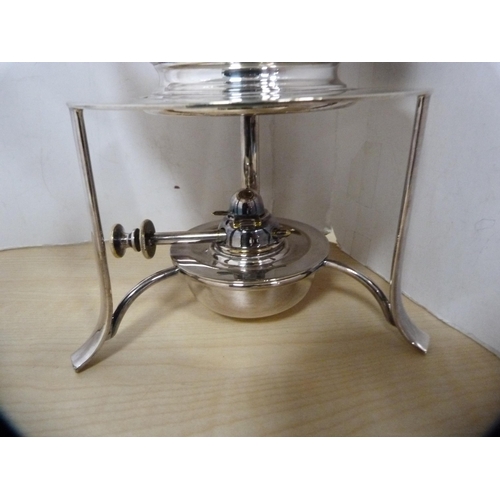 234 - Antique three-piece embossed EP tea set and a spirit kettle on stand.