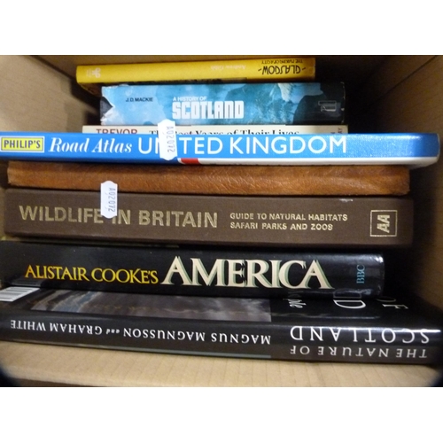 236 - Four boxes of general books and novels including fishing, Scotland, wildlife, cookery, gardening etc... 