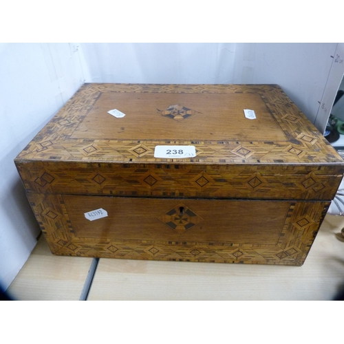 238 - Victorian walnut marquetry box, metronome and a German anniversary clock.  (3)