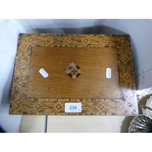 238 - Victorian walnut marquetry box, metronome and a German anniversary clock.  (3)