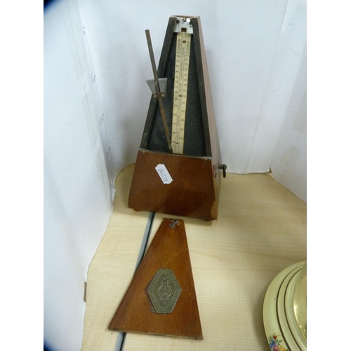 238 - Victorian walnut marquetry box, metronome and a German anniversary clock.  (3)