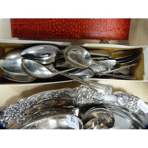 242 - EP to include a tray embossed with fruit and vines, cased set of six fruit knives and forks, King's ... 