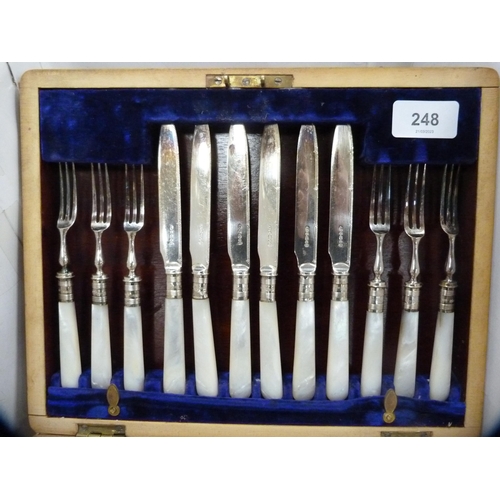 248 - Set of twelve EP fruit knives and forks with silver-banded collars and mother of pearl handles, in a... 