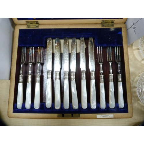 248 - Set of twelve EP fruit knives and forks with silver-banded collars and mother of pearl handles, in a... 