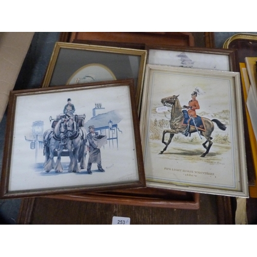 253 - Serving trays and prints to include a print of the Fife Light Horse Volunteers, also vinyl records t... 