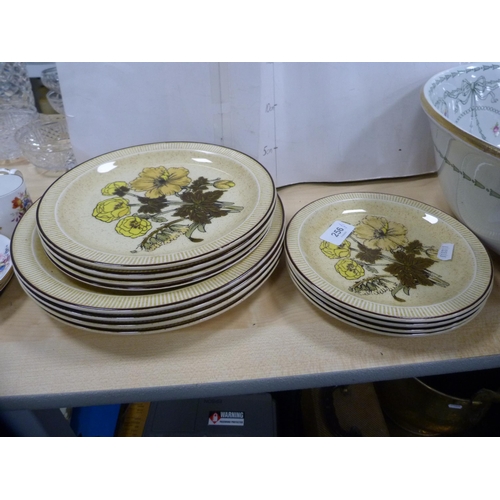 256 - Twelve Poole 'Sherwood' pattern plates, Bourne Denby pink glazed soup bowl on stand and a Royal Doul... 