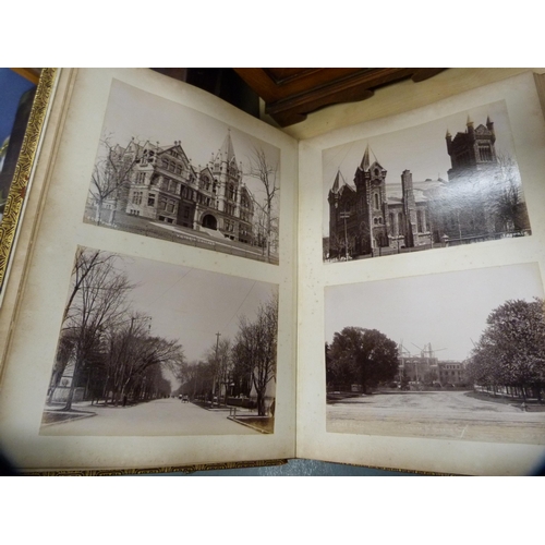 26 - Tooled leather photograph album enclosing vintage tourist photographs including Canada, Cologne and ... 