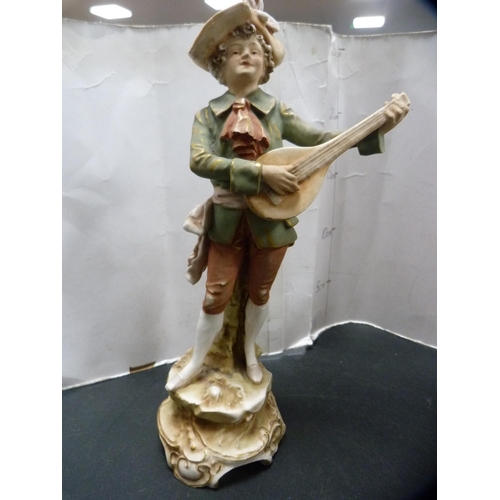 286 - Pair of Royal Dux figures modelled as a young gentleman in 18th century-style garb playing a lute, o... 