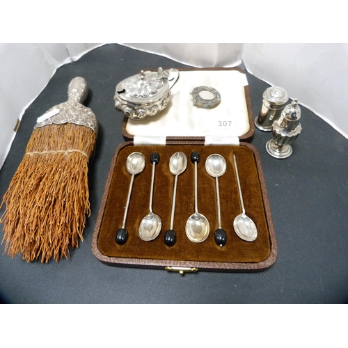 307 - Set of six silver coffee spoons, most with bean terminals, silver pepper pots, silver mustard pot an... 