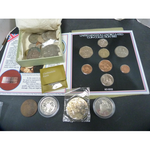 312 - Commemorative and other coins to include a USA one dollar coin, Edward VII copper coinage, Elizabeth... 