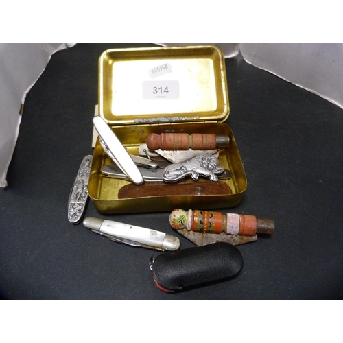 314 - Group of eleven penknives to include mother of pearl fruit knives etc., and a WWI hymn book, card an... 