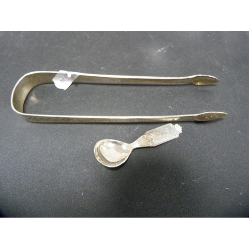 315 - Pair of George III silver sugar nips dated 1797 and a Georg Jensen-style continental silver salt spo... 