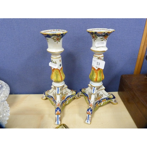 33 - Pair of majolica Faience-style candlesticks, two modern Chinese tea bowls, desk clock, wooden zebra ... 