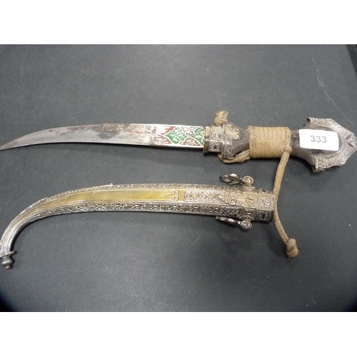 333 - Antique middle eastern white metal jambiya-style dagger, with sheath.