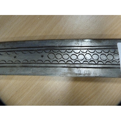 335 - Middle eastern short sword with etched blade and leather scabbard.