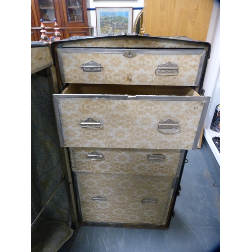 353 - Vintage metal-bound wardrobe trunk with fitted compartments.