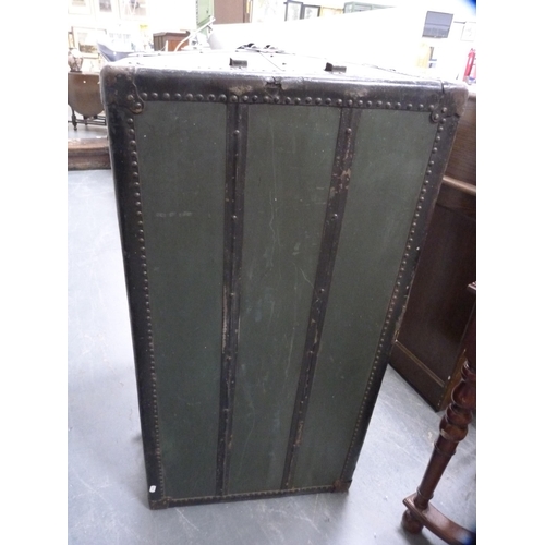 353 - Vintage metal-bound wardrobe trunk with fitted compartments.