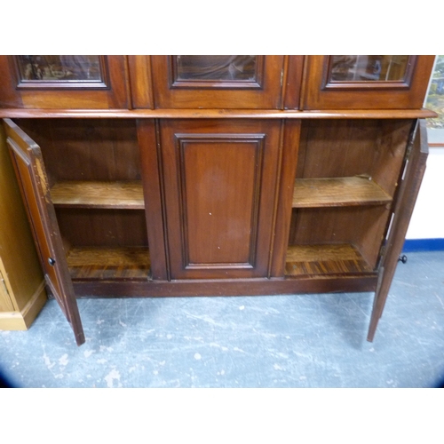 357 - Victorian mahogany library bookcase with Gothic-influenced roundels to the shaped cornice above thre... 