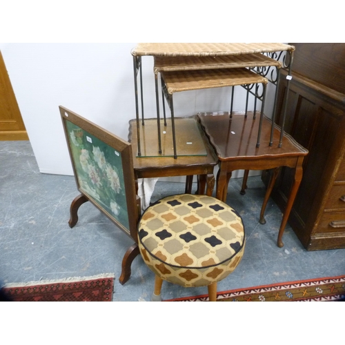 361 - Wicker and wrought iron nest of three tables, another nest of tables, mahogany table, stool and a fi... 