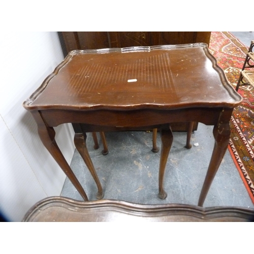 361 - Wicker and wrought iron nest of three tables, another nest of tables, mahogany table, stool and a fi... 