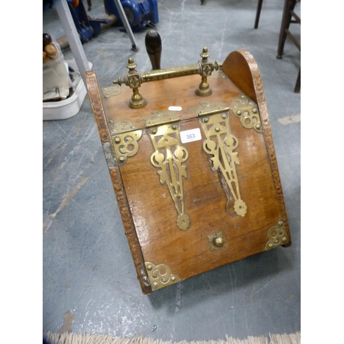 363 - Marquetry and brass-bound coal depot with brass scoop.